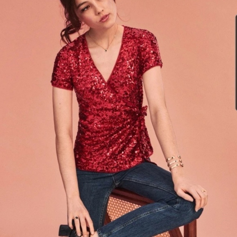 New Sezane Olympia Silk Red Rouge Sequin Wrap Blouse US 8 FR 40